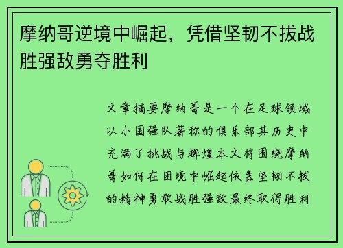 摩纳哥逆境中崛起,凭借坚韧不拔战胜强敌勇夺胜利