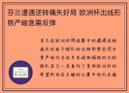 芬兰遭遇逆转痛失好局 欧洲杯出线形势严峻急需反弹