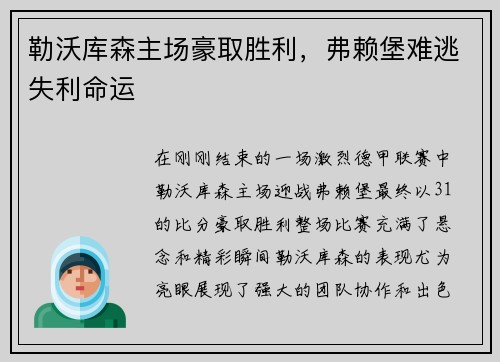 勒沃库森主场豪取胜利,弗赖堡难逃失利命运