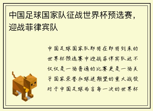 中国足球国家队征战世界杯预选赛,迎战菲律宾队
