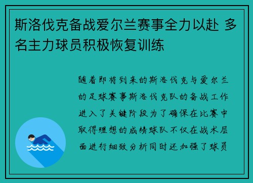 斯洛伐克备战爱尔兰赛事全力以赴 多名主力球员积极恢复训练