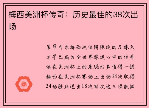 梅西美洲杯传奇:历史最佳的38次出场
