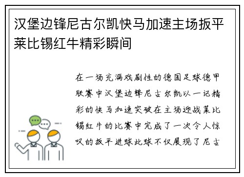 汉堡边锋尼古尔凯快马加速主场扳平莱比锡红牛精彩瞬间