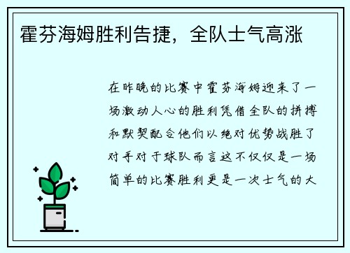 霍芬海姆胜利告捷，全队士气高涨