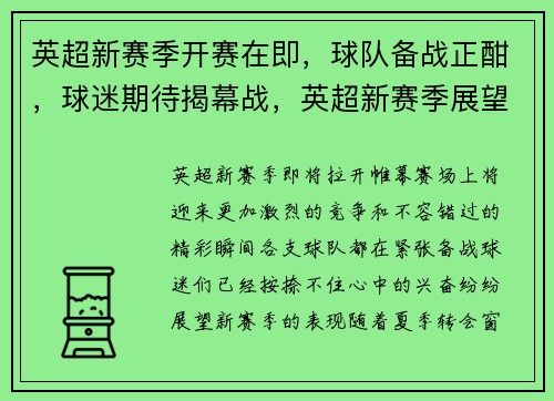 英超新赛季开赛在即,球队备战正酣,球迷期待揭幕战,英超新赛季展望