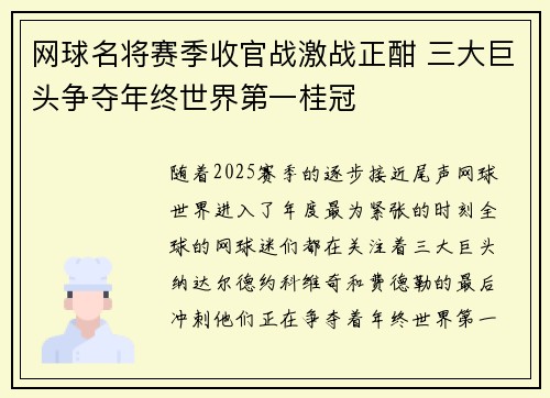 网球名将赛季收官战激战正酣 三大巨头争夺年终世界第一桂冠