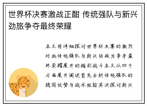 世界杯决赛激战正酣 传统强队与新兴劲旅争夺最终荣耀