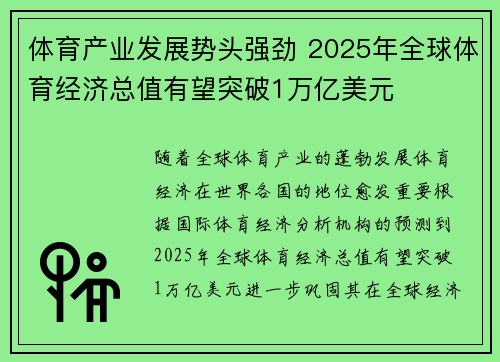 体育产业发展势头强劲 2025年全球体育经济总值有望突破1万亿美元