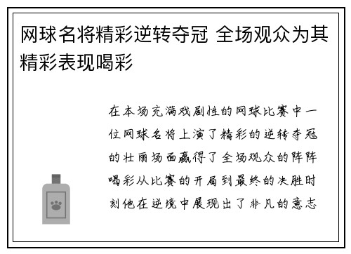 网球名将精彩逆转夺冠 全场观众为其精彩表现喝彩